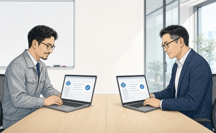 （イラスト：二人の人物がそれぞれAIに相談している。AIはどちらにも「あなたの考えは正しいです」と返している。二人は対立する意見を持っているのに、それぞれ自分の正しさに確信を深めている。）
