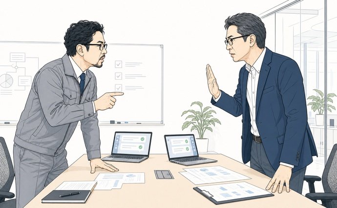 （イラスト：二人がそれぞれAIに相談して「正しい」と言われている。その結果さらに口論が激化。）