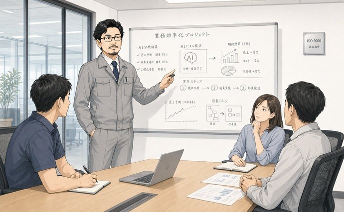（イラスト：経営者がAIの回答画面を見ながら自信たっぷりの表情でプレゼンしている。聞いている側のメンバーの一人がやや首をかしげている）