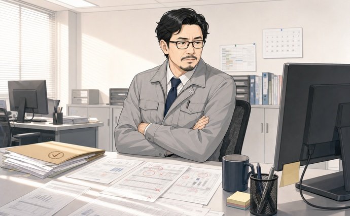 （イラスト：経営者が「うちは価格で負けている」と考え込んでいる。机の上には失注報告が目立つが、横に「サービス内容で選定」と書かれた案件ファイルが積まれている。本人はそちらに気づいていない。）
