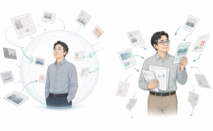 【イラスト：左側はフィルターバブル（泡の中にいる人に偏った情報だけが届いている）。右側は確証バイアス（情報は来ているが本人が色眼鏡で見ている）。その両方をAIが増幅させている対比図】